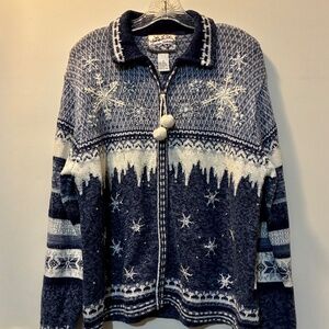 Heirloom Collectibles Blue White Embellished Snowflake Cardigan Knit Sweater - M